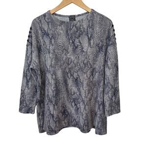 Clara‎ Sun Woo Womens Tunic Top Medium Buttons Blue Animal Print Stretch Snake